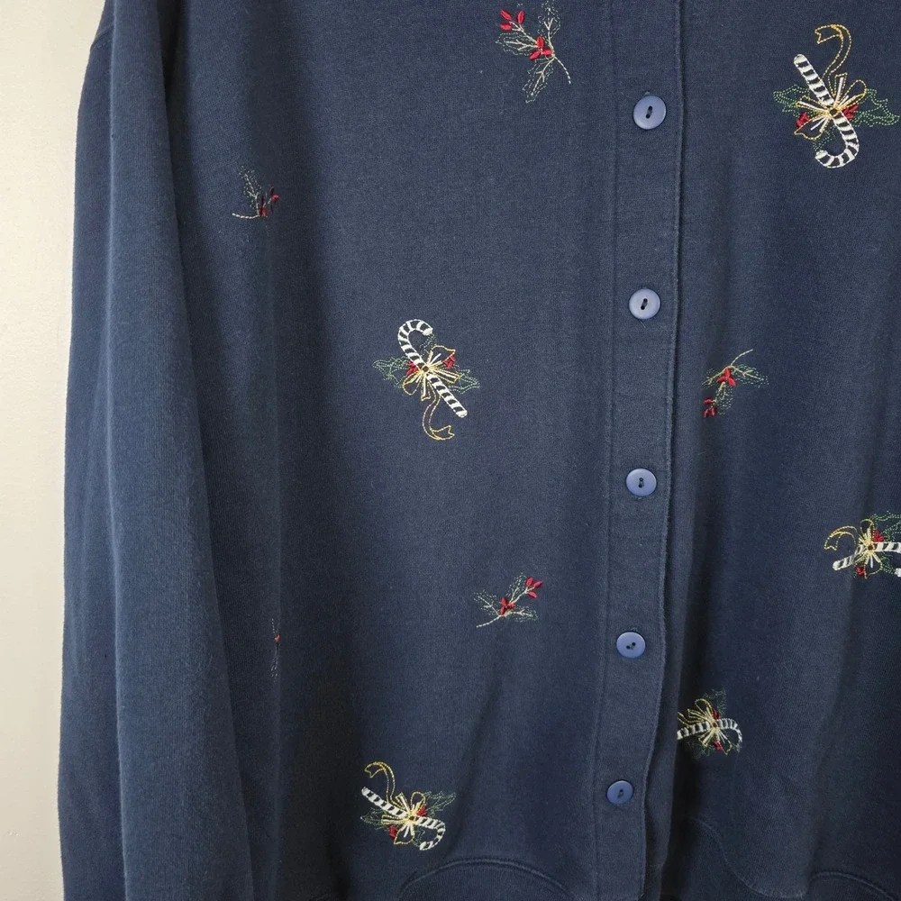 Vintage Extra Shenanigans Womens 2X Christmas Cardigan Sweatshirt Navy‎